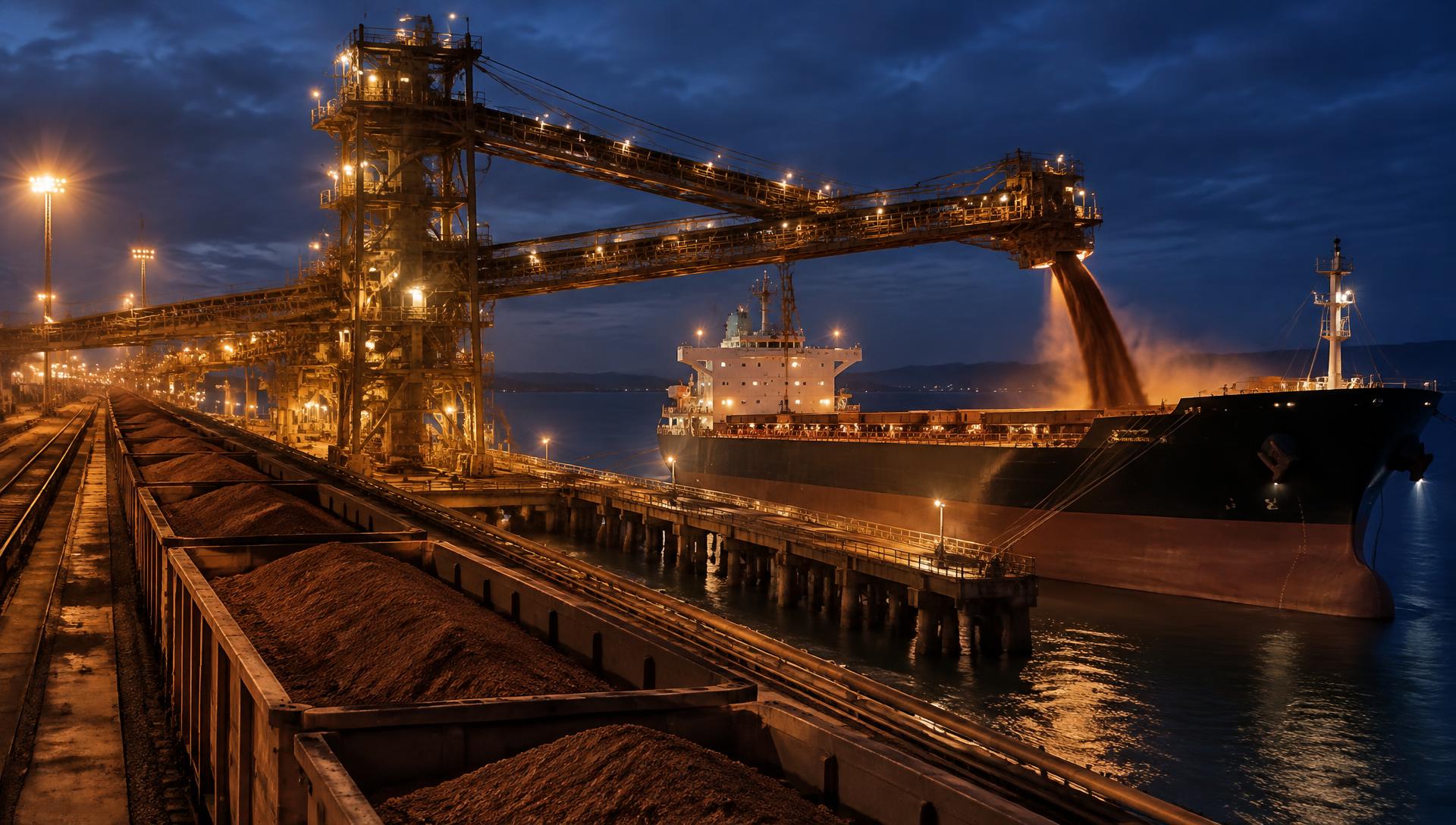 Bulk carrier vessel loading mineral cargo alongside rail wagons at a bulk export terminal