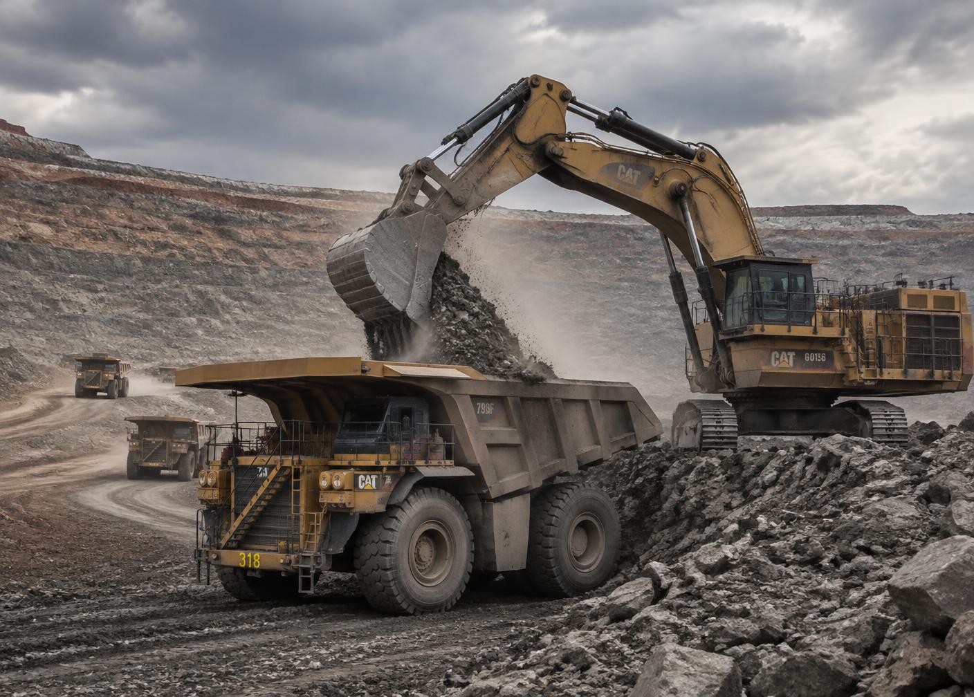 Excavator loading crushed mineral onto a haul truck at an open-cast mine